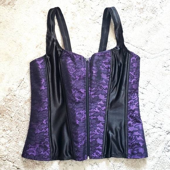 Small Purple Black Lace Print Corset Bustier Waist Trainer with Straps NWOT - Picture 1 of 11